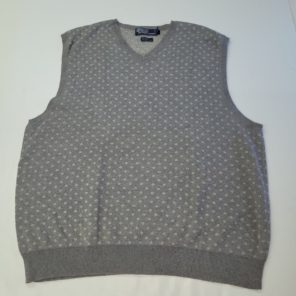 Polo by Ralph Lauren Mens XL Sweater Vest Gray Cotton Silk Diamond‎ Knit Vintage